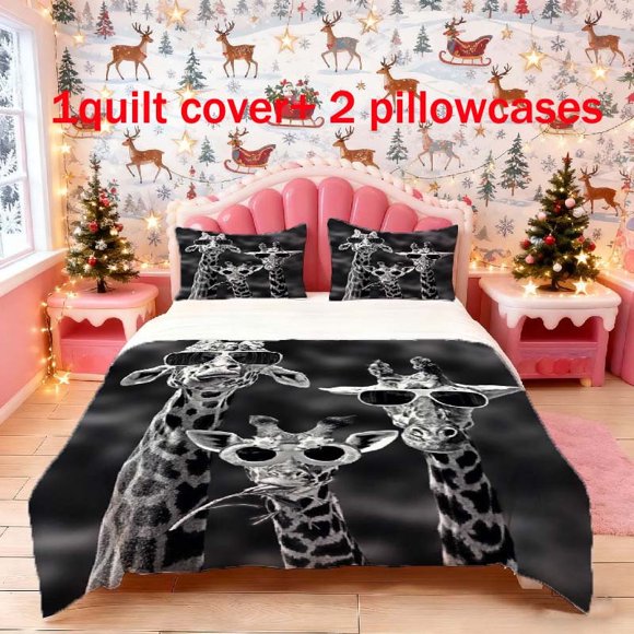 3pcs Giraffe with Glasses Print Bedding Set Duvet Cover and Pillowcases