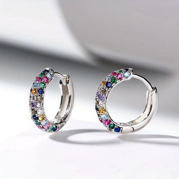 Luxury Women's Earring Set: Mini Round Silver Plated Fashion Hoop Earrings with Colorful Zircon