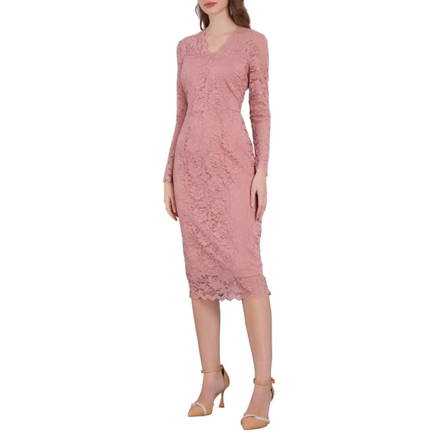 INSPIRE CHIC Vestido de Mujer Inspirado Escote en V Encaje Floral Transparente Manga Larga Midi Vestido de Cóctel XL Rosa