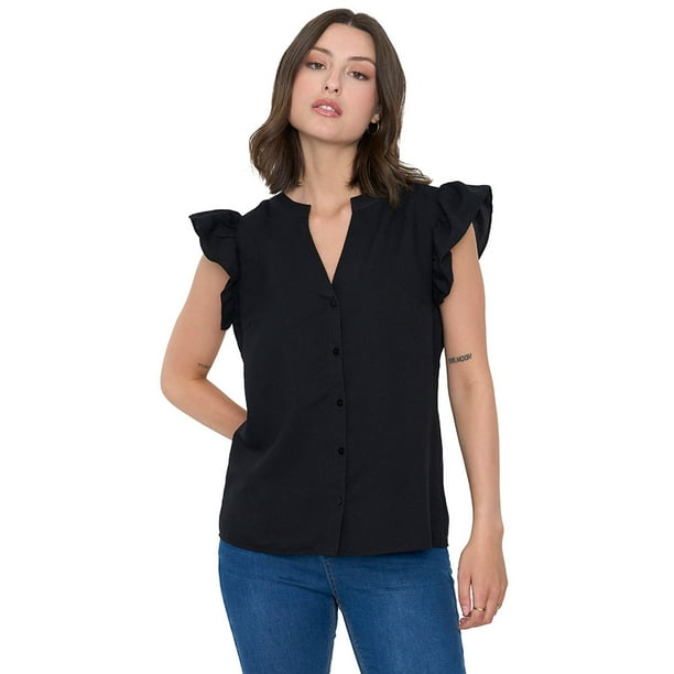 Blusa Mujer Cuello Mao Vuelos Negro Corona