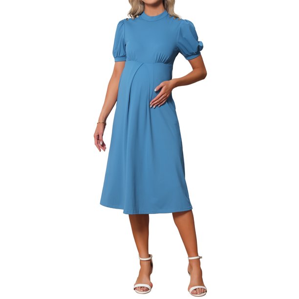 INSPIRE CHIC Vestidos de Trabajo para Mujeres Embarazadas Cuello Simulado Botón Plisado Frontal Oficina Línea A Vestido de Negocios de Embarazo L Azul Pavo Real