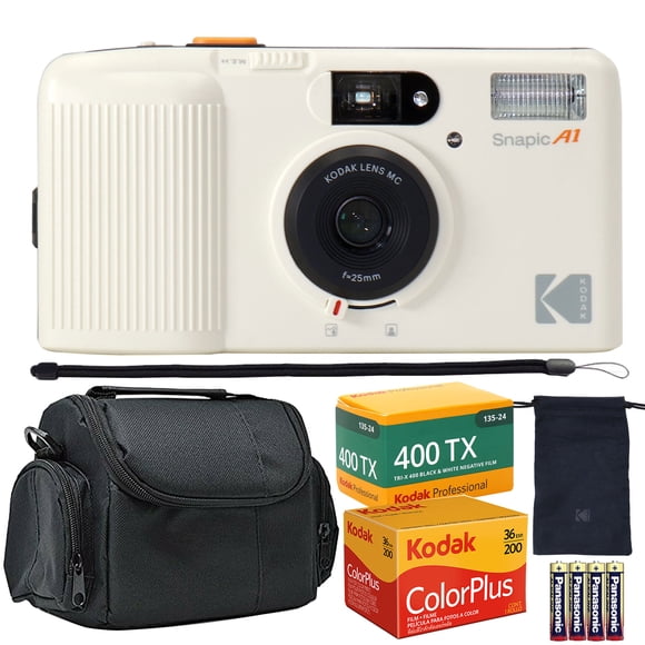Cámara Kodak Snapic A1 de 35 mm, película blanca marfil con películas y murciélago