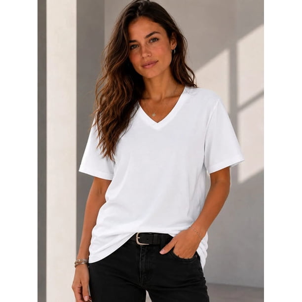Polera Cuello V 100% Algodon Manga Corta Basicas Estampar Blanco M-l Lisa