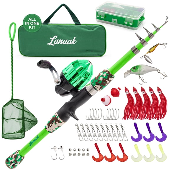 Caja para cañas de pescar y aparejos Lanaak Kids con red, bolsa y carrete, color verde