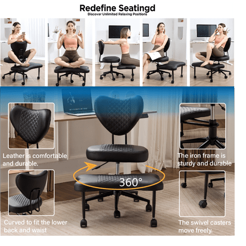 M&Ms - Upgraded Ergonomic Cross Legged Swivel Chair, Adjustable Height And Pu Leather, Meditation& Adha Chair With Back Support, Home And Office,Yoga Chair, Black