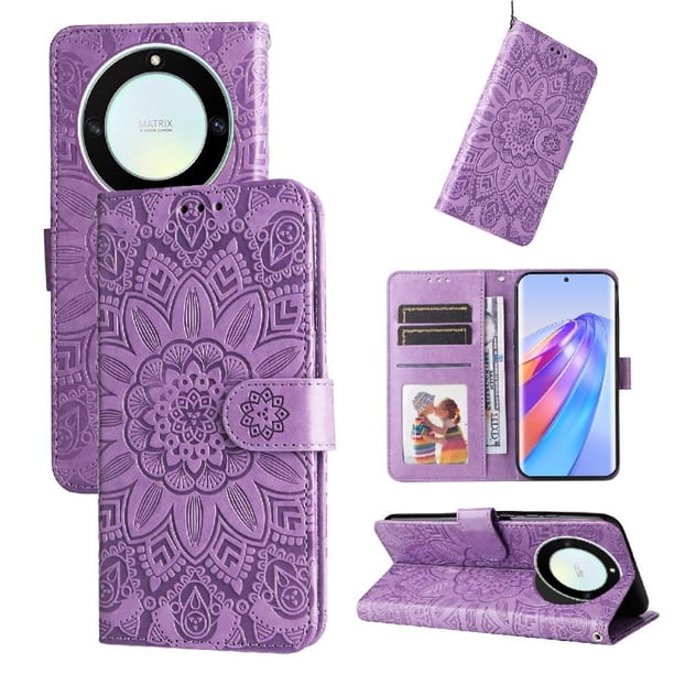 Funda tipo cartera FOXDOCK para Honor X40 , diseño girasol en relieve, cuero PU, cierre magnético, soporte y tarjetero