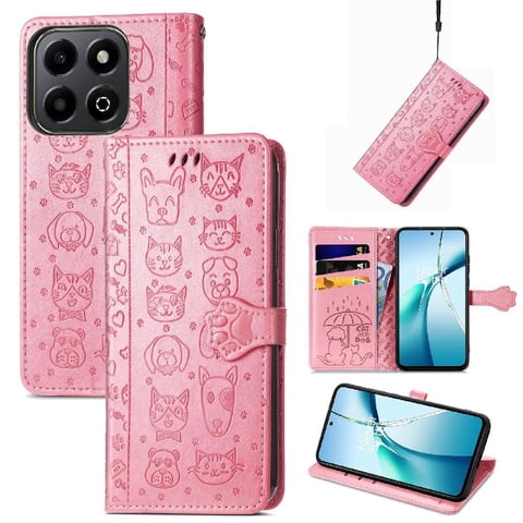 Funda Cartera Foxdock Para Honor 200 Smart , Flip Pu Con Relieve De Gatos Y Perros, Tarjetero Y Soporte