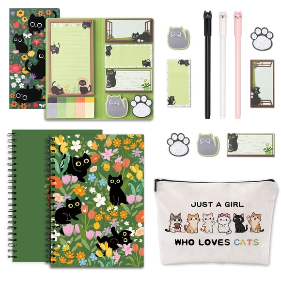 Set de papelería SUMMERGIFTS Gato 6 piezas: plumas, notas adhesivas, A5