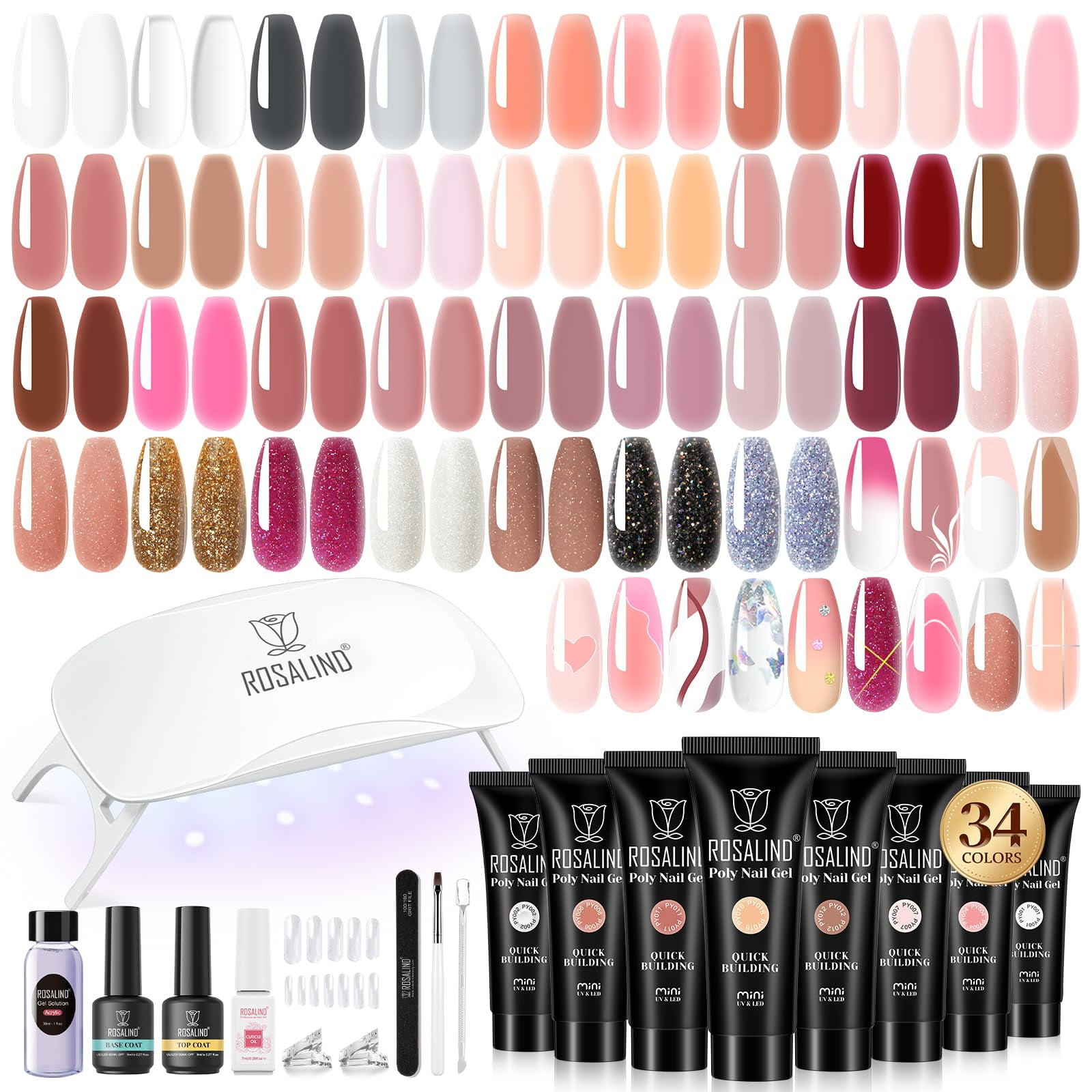 Kit De Gel De Uñas De Polietileno Rosalind, 34 Colores, Accesorios Y Lámpara Uv