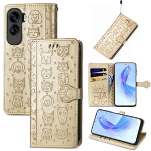 Funda Cartera Foxdock Para Honor 90 Lite , Flip Pu Con Relieve De Gatos Y Perros, Tarjetero Y Soporte