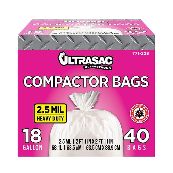 Bolsas compactadoras de basura Ultrasac de 18 galones, paquete de 40 con bridas
