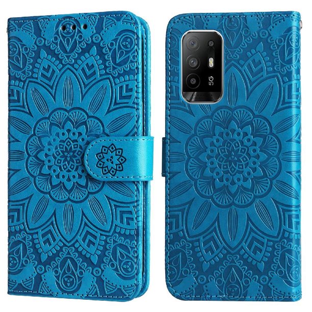 Funda tipo cartera FOXDOCK para OPPO A94 5G , diseño girasol en relieve, cuero PU, cierre magnético, soporte y tarjetero