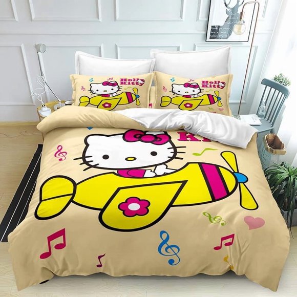 Printed Duvet Quilt Cover Hello Bedding Bed Set Kitty Soft Comforter Microfiber with Zipper Closure Great Match with Any Home Decor