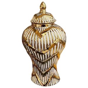 Magideal - Jarrón De Cerámica, Tarro De Jengibre Con Líneas Doradas, Moderno Con Tapa, Mano De Obra Fina, Pieza Central, Decoración De Mesa, Estilo Europeo Hecho 17X17X31Cm