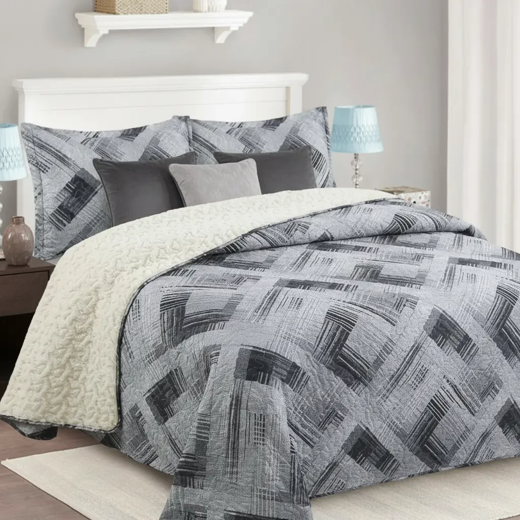 Casadeliacl - Cubrecama Quilt Sherpa 2pl Gris Con Detalles En Negro Diseño Geométrico Gris Moderno