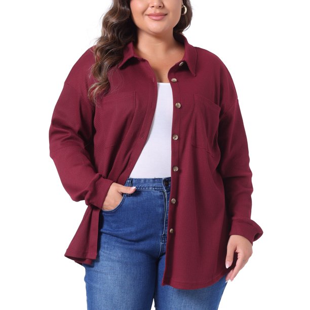 Agnes Orinda Conjuntos de Halloween para Mujeres Tallas Grandes Camisa de Punto Waffle Chaqueta Casual de Manga Larga con Botones 1X Burdeos