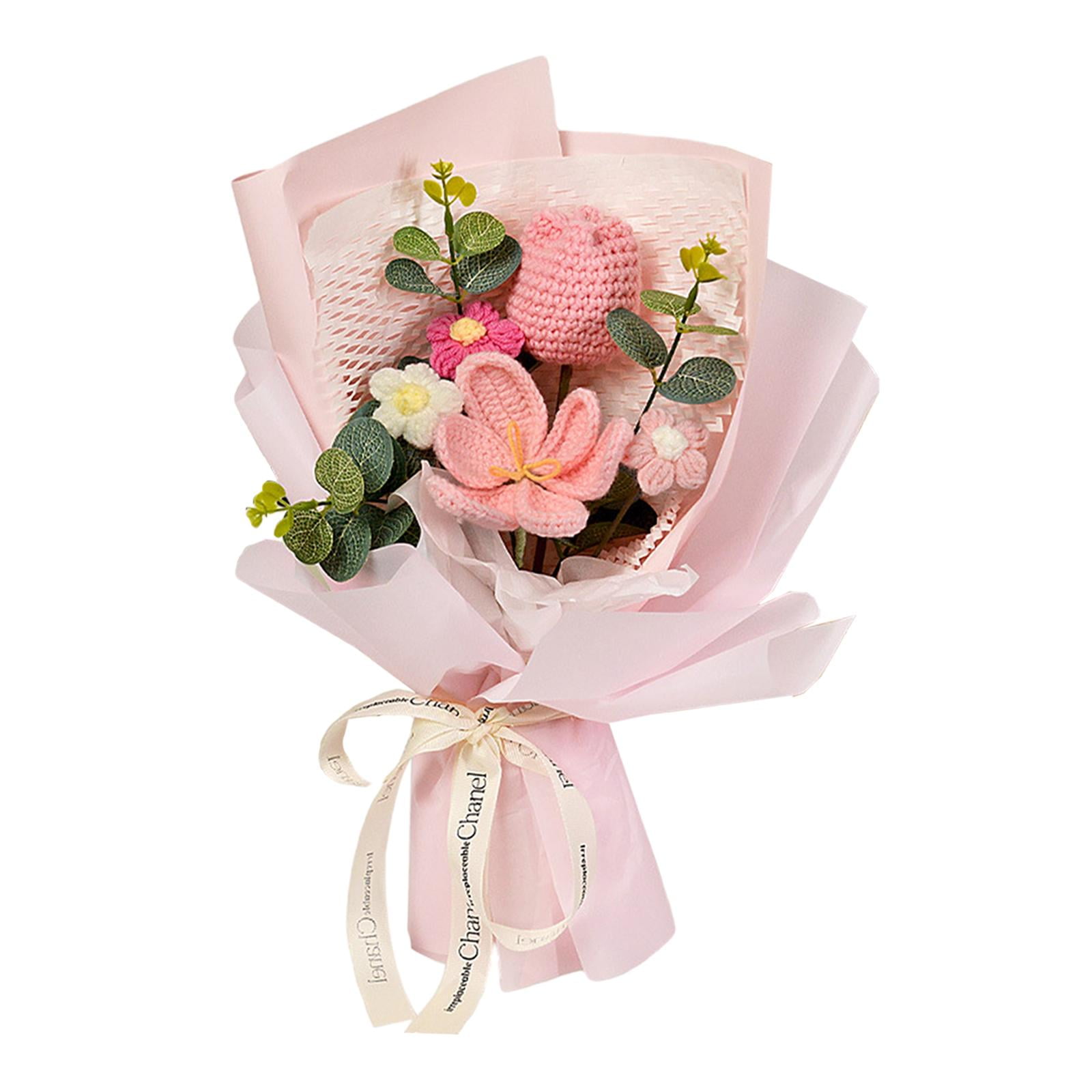 Magideal - Bouquet De Flores De Tulipán De Crochet Completado Lindo Adorno Para El Hogar Decoración De La Mano Del Hogar Decoración Del Hogar Para El Día Del Día Rosa