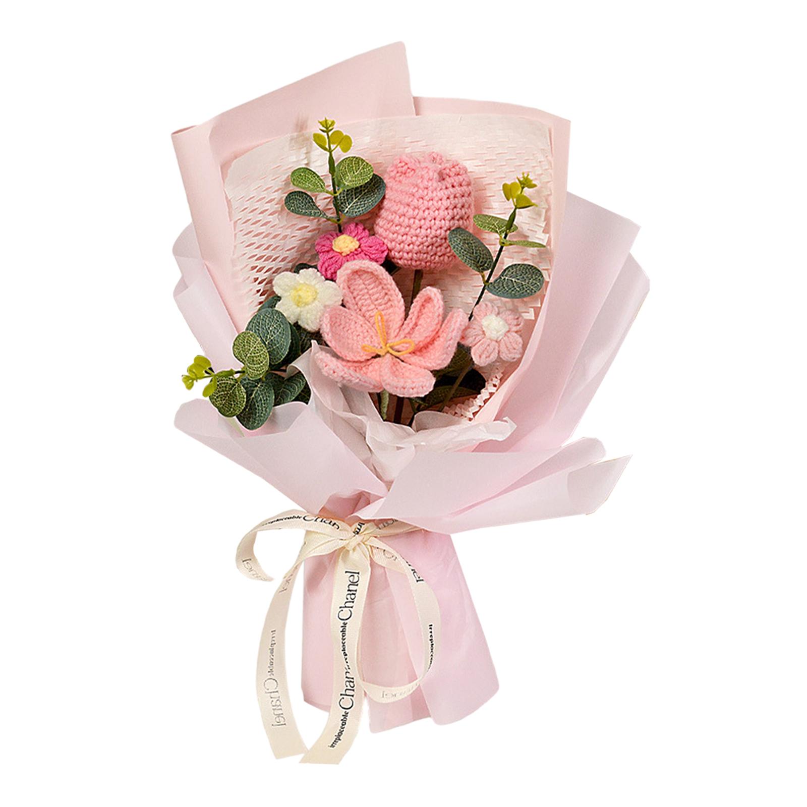 Magideal - Bouquet De Flores De Tulipán De Crochet Completado Lindo Adorno Para El Hogar Decoración De La Mano Del Hogar Decoración Del Hogar Para El Día Del Día Rosa