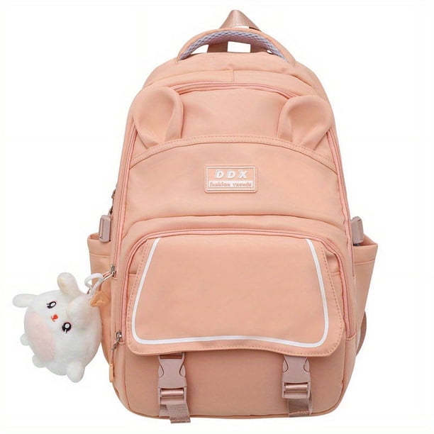 1pc Girls Primary School Junior High School Students Schoolabg, Fashion Double Shoulder Bag, Large-capacity Multi-pocket Simple Solid Color Trendy Backpack, Cute Rabbit Ears Shape Backpack With Cute R