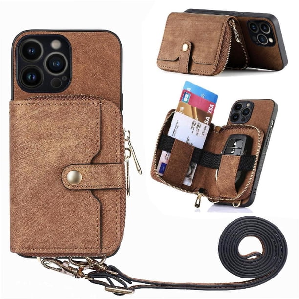 Funda Tipo Cartera con Correa Cruzada para iPhone 13 Pro Protección Contra Golpes Marrón