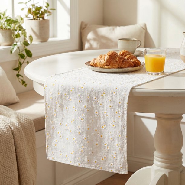 REGALWOVEN Camino de Mesa para Decoración de Cocina Cumpleaños, Camino de Cocina de Algodón para Decoración de Mesa de Cocina y Comedor Margarita 11.8x63 pulgadas