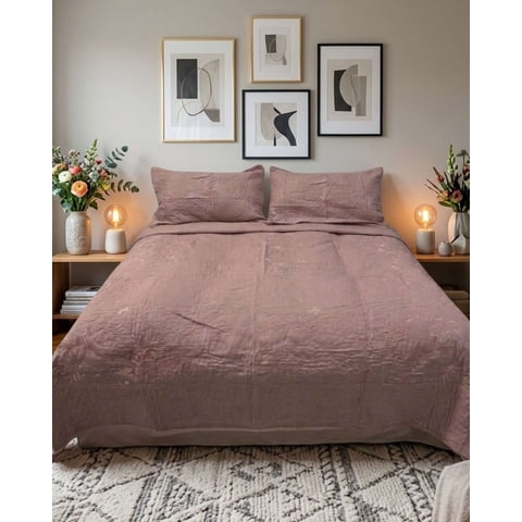 Imac Hogar - Cubrecama Quilt Bordado 2 Plazas Mas Fundas De Almohadas Estilo Botánico