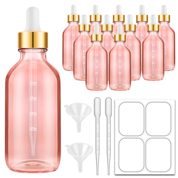 Botellas cuentagotas Bumobum de vidrio rosa de 120 ml con etiquetas, paquete de 12