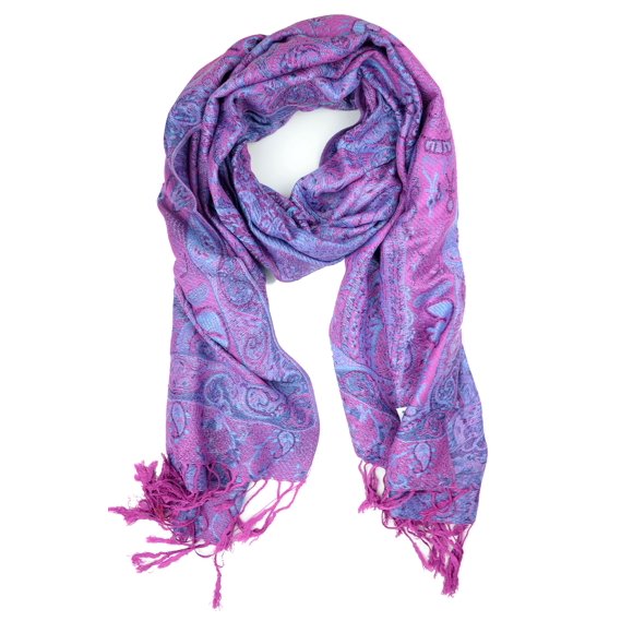 Chal Plum Feathers 170 cm con estampado paisley morado y flecos