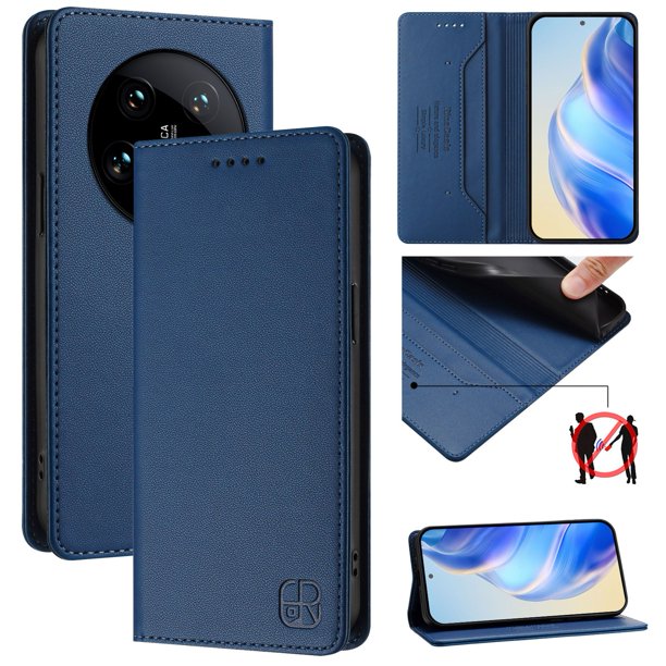 Funda Billetera con Soporte para Xiaomi 14 Ultra Bloqueo RFID Plegable Azul