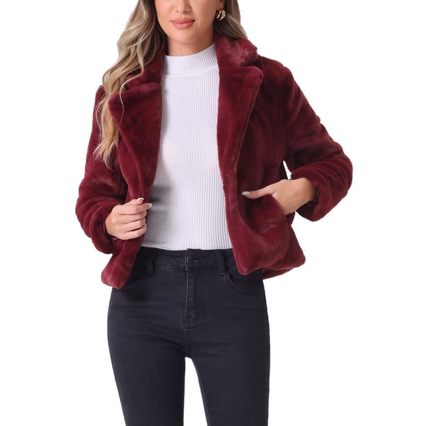 INSPIRE CHIC Chaqueta de Piel Recortada para Mujer Solapa Cardigan Esponjoso Bolero 2026 Invierno Abrigo Corto de Piel Sintética Conjuntos XS Burdeos