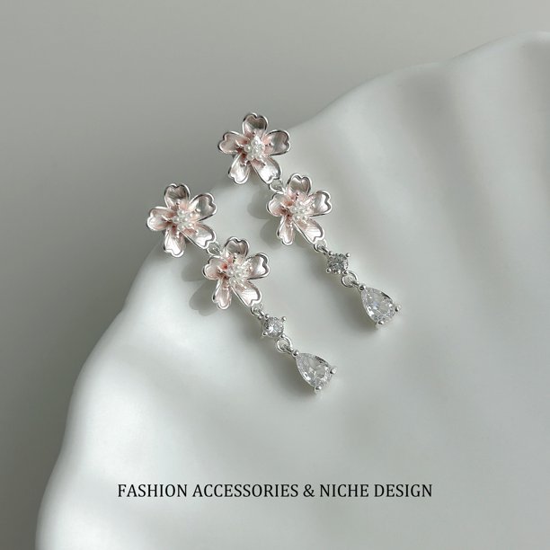 Pearl CZ Flower Tassel Dangle Earrings for Women, French Style Light Luxury Elegant Jewelry