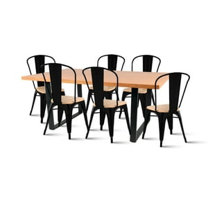 Klik Muebles - Comedor Estilo Industrial 160X90 Madera Clara + 6 Sillas Tolix Negras Con Asiento De Madera Clara