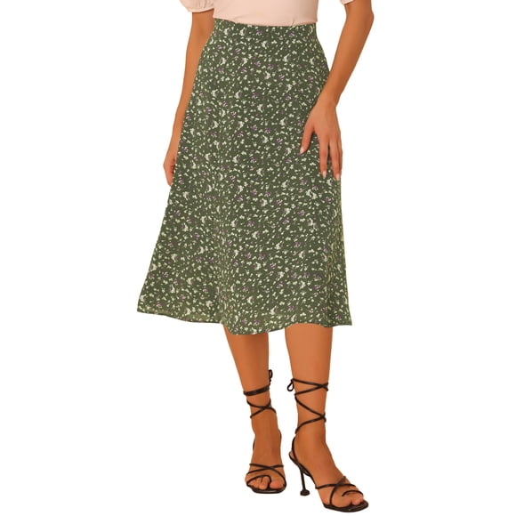 INSPIRE CHIC Faldas Midi de Mujer Cintura Elástica Campesina A-Line Faldas Florales Ditsy Verde Militar XL