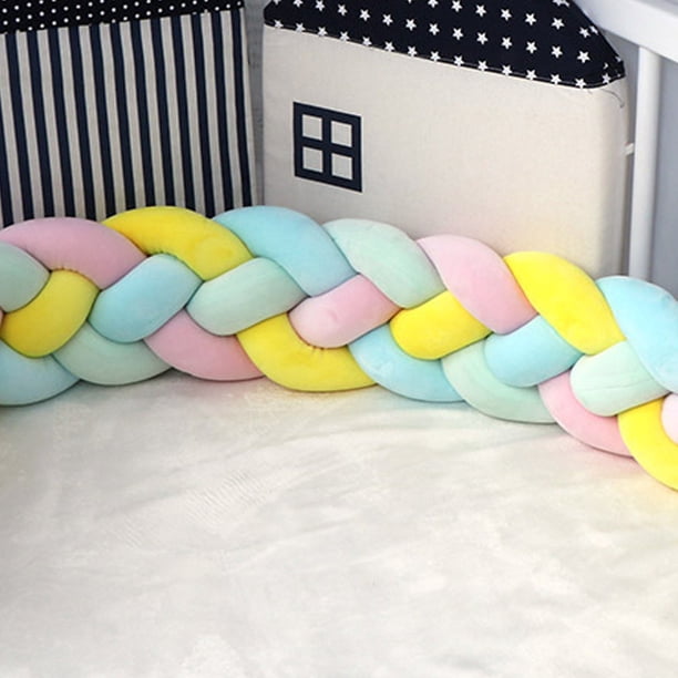 Almohada de cama trenzada de cuatro hebras con nudo largo tejido, bola kont, tira anticolisión para niños