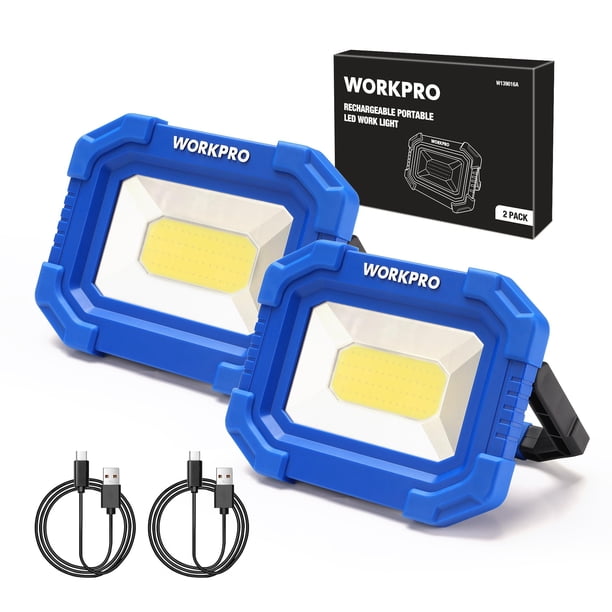 Lámpara de trabajo LED WORKPRO recargable a prueba de agua de 2000 lúmenes, paquete de 2