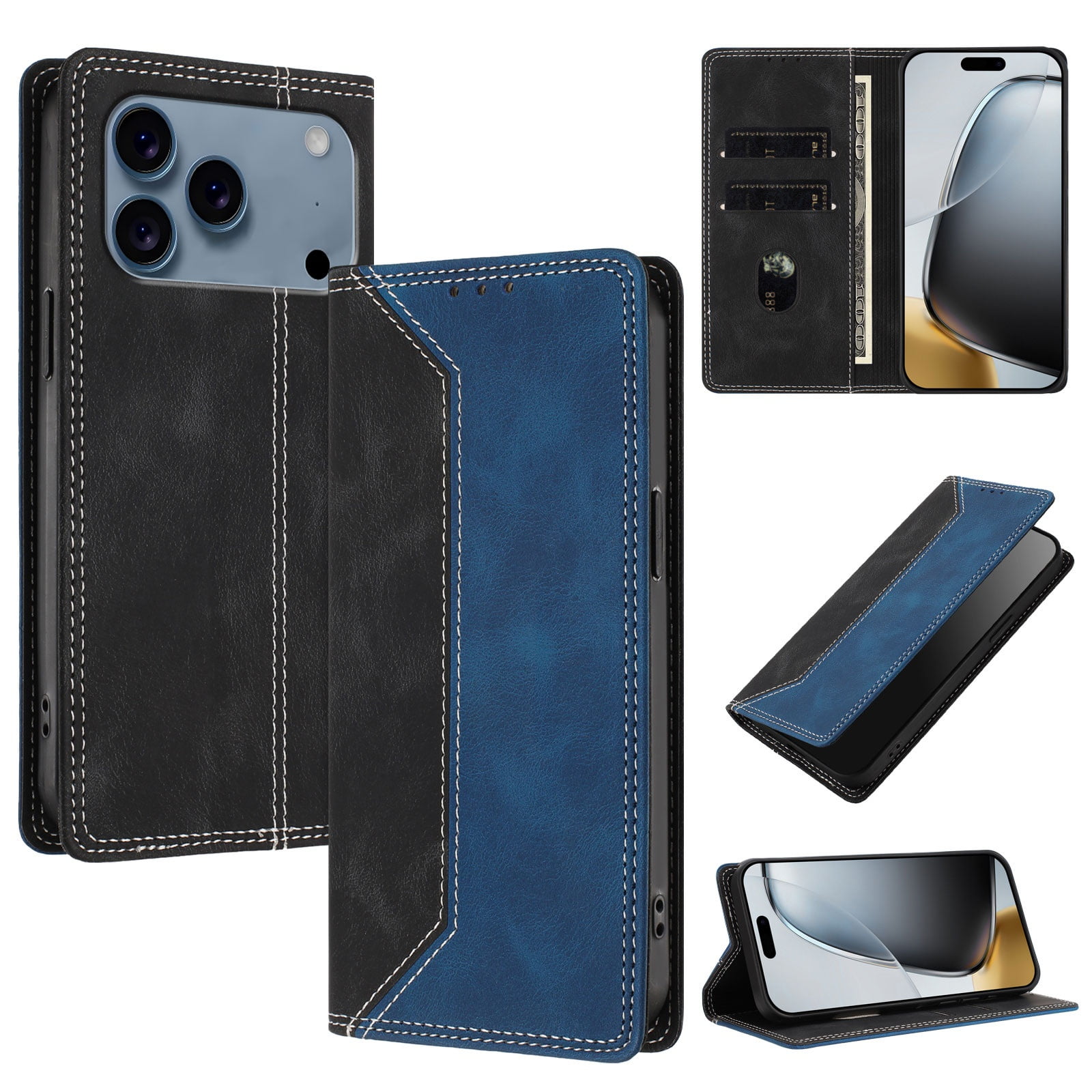 Funda Foxdock Para Iphone 17 Pro De Cuero Premium Bicolor Con Ranuras Rfid, Carcasa Tipo Billetera Antigolpes Y Soporte Plegable