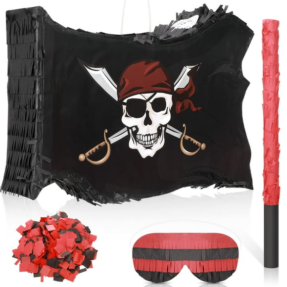 Kit de piñata pirata con bandera de Sratte con diseño de calavera con bastón y venda