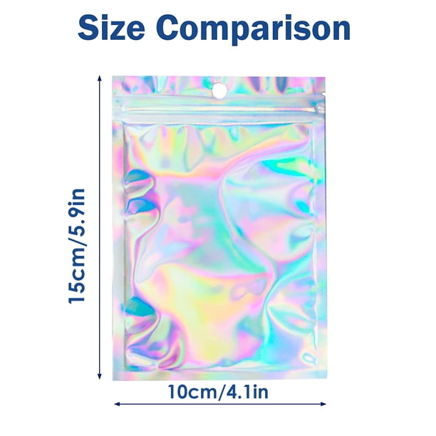 100pcs Holographic Bags, Resealable Bags For Small Business With Front Window Sample Bags Candy Bags Sealable Mylar Ziplock Bags