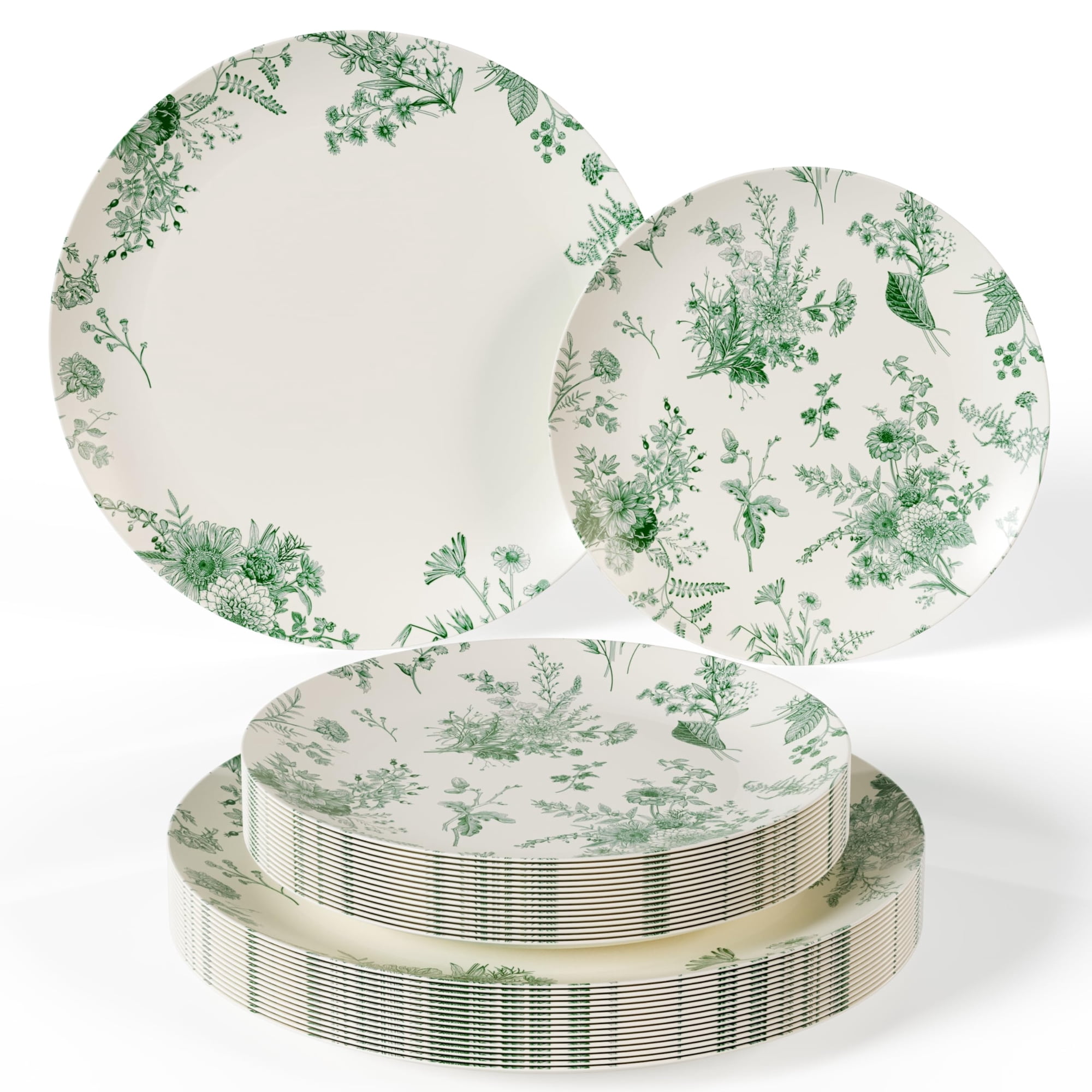Juego De Platos Desechables Trendables Para 20 Personas, Color Marfil/verde