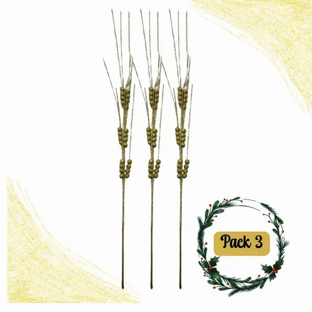 Pack 3 Ramas De Navidad Bayas Con Tallo De Acebo Navideño 65 cm
