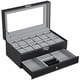 thumbnail image 1 of Caja para relojes de 12 ranuras, organizador de relojes, vitrina de joyería con cerradura con tapa de vidrio real, piel sintética negra, forro gris UJWB012, 1 of 16