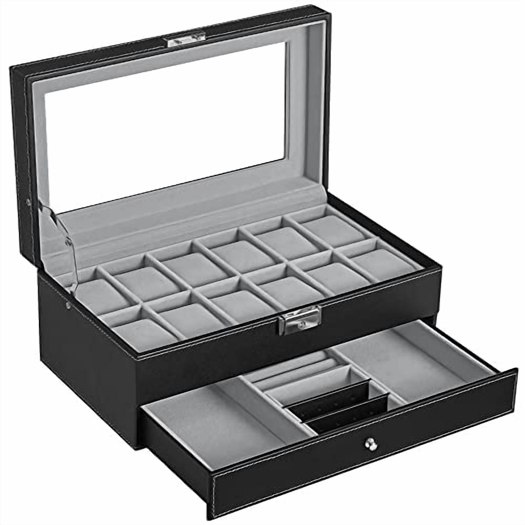 Songmics - Caja Para Relojes De 12 Ranuras, Organizador De Relojes, Vitrina De Joyería Con Cerradura Con Tapa De Vidrio Real, Piel Sintética Negra, Forro Gris Ujwb012