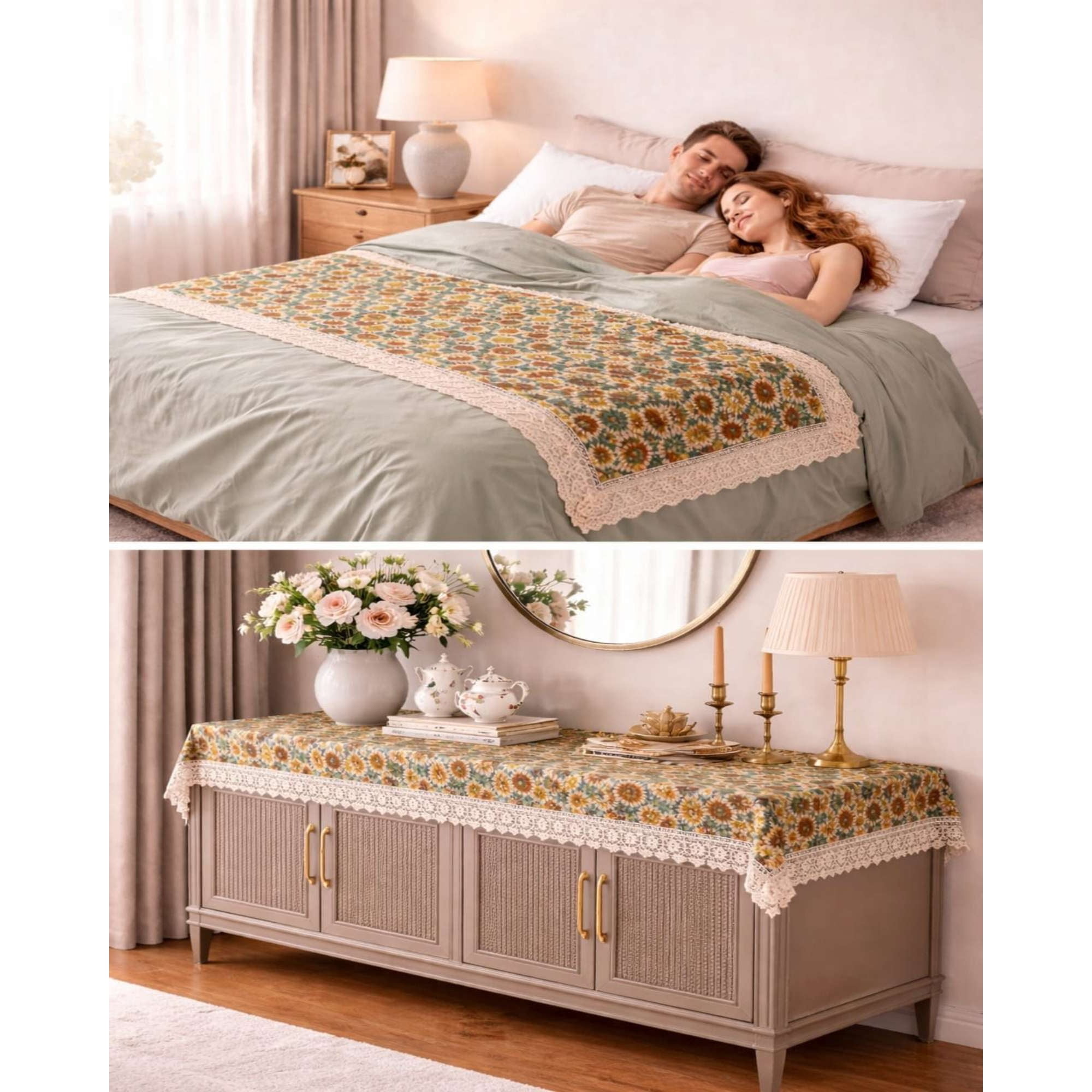 Mylhogar - Piecera De Cama Estampado Natural Chic Con Encaje 80x200cm