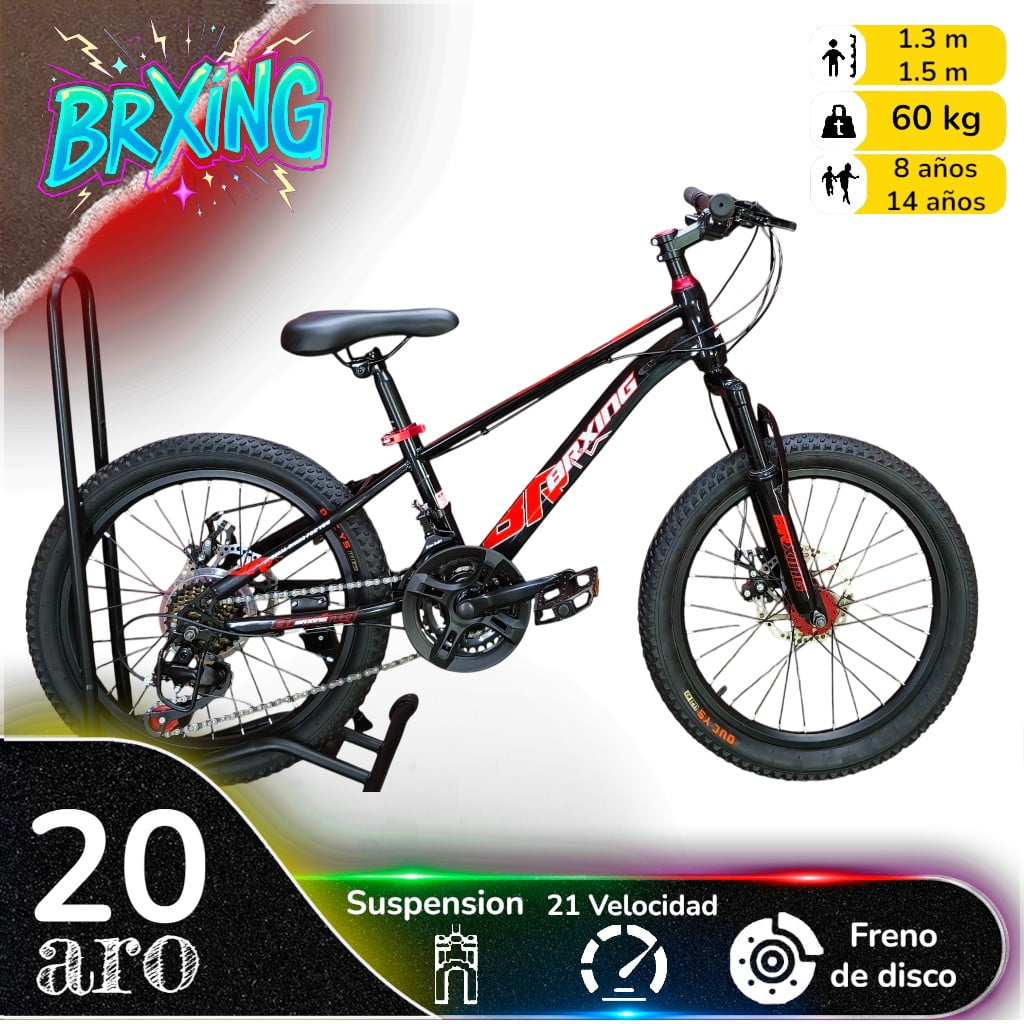 Vipnetwork - Bicicleta Aro 20 Brxing Con Freno Disco Y 21 Vel. Negro Log Rojo Mr