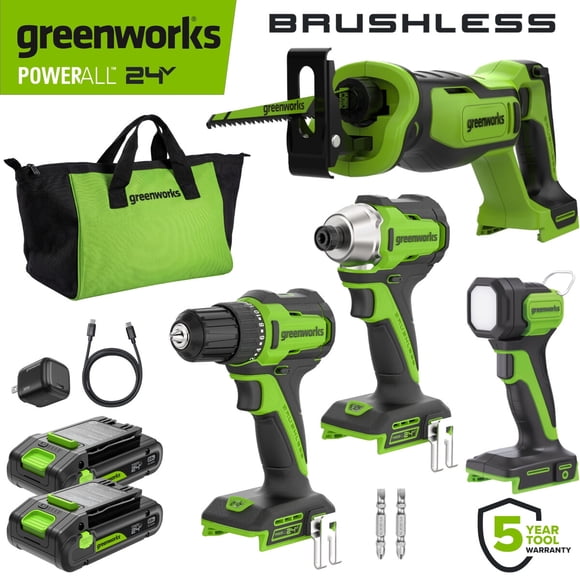 Taladro Greenworks PowerAll 24V Brushless 280 in-lb con 2 baterías