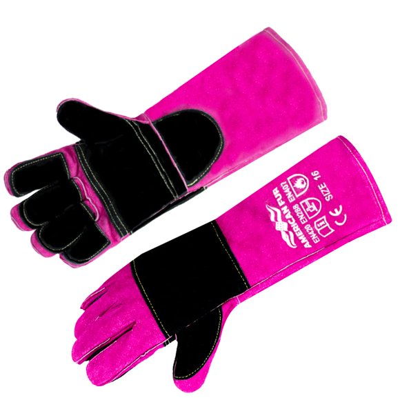 Guantes de piel para soldadura/barbacoa, piel americana, 40 cm, 500 °C, rosa y negro