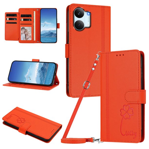 Funda Cartera Trébol para Xiaomi Poco X8 Pro Max con Ranuras Tarjetas y Carga Inalámbrica Naranja