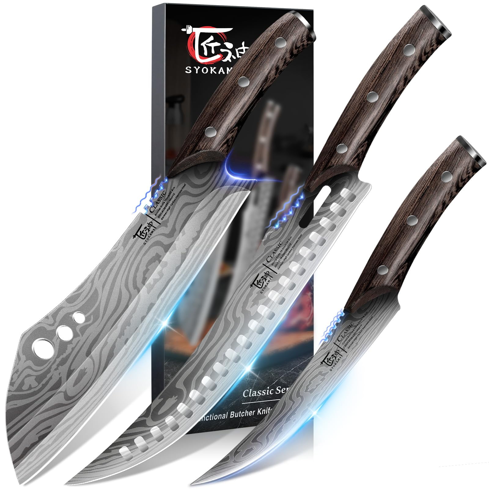 Juego De Cuchillos De Carnicero Syokami, 3 Piezas, Cuchillos De Cocina De Acero Con Alto Contenido D