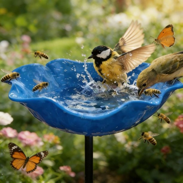 Estaca jardín flor metal hecha mano baño pájaros estación agua polinizadores exterior