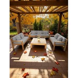 Terraza Rústica Miaruste Modelo Ambar 7 Cuerpos Color Madera Roble Cojinería Gris Medio V1